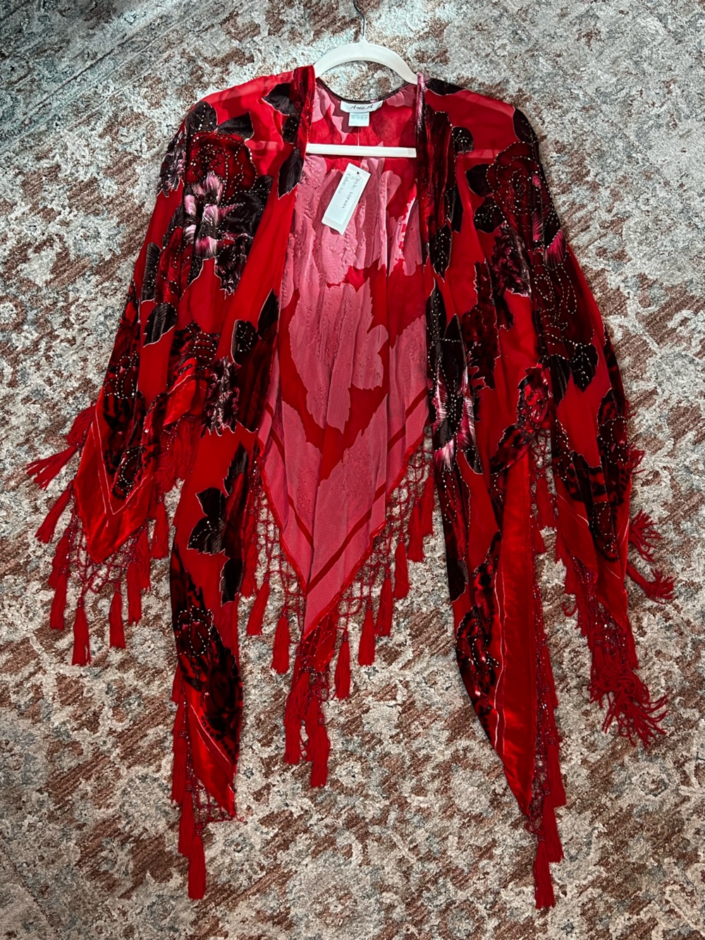 Red Velvet Burnout Floral Glass Beaded Kimono Shawl Silk Blend with Tassels